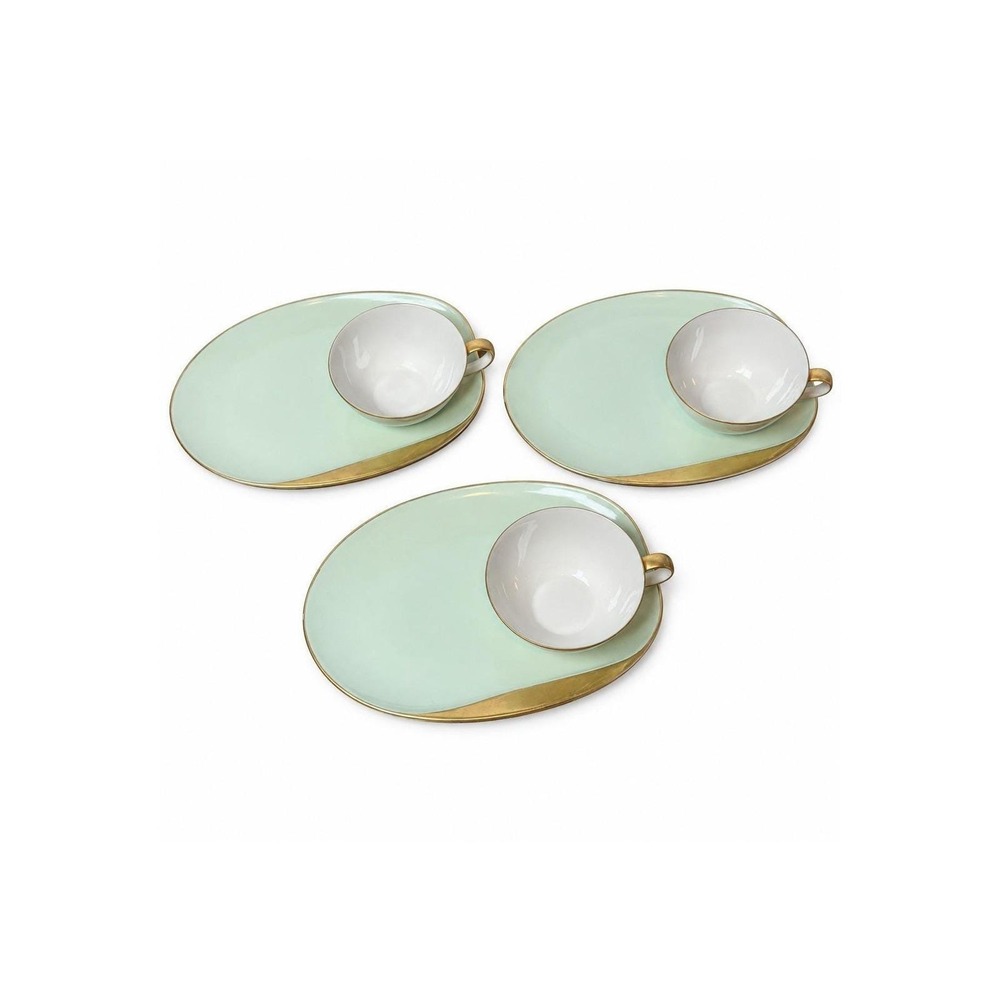 Vintage MCM Noritake Mint Green Gold Snack Set 3 Plates 3 Cups Japan